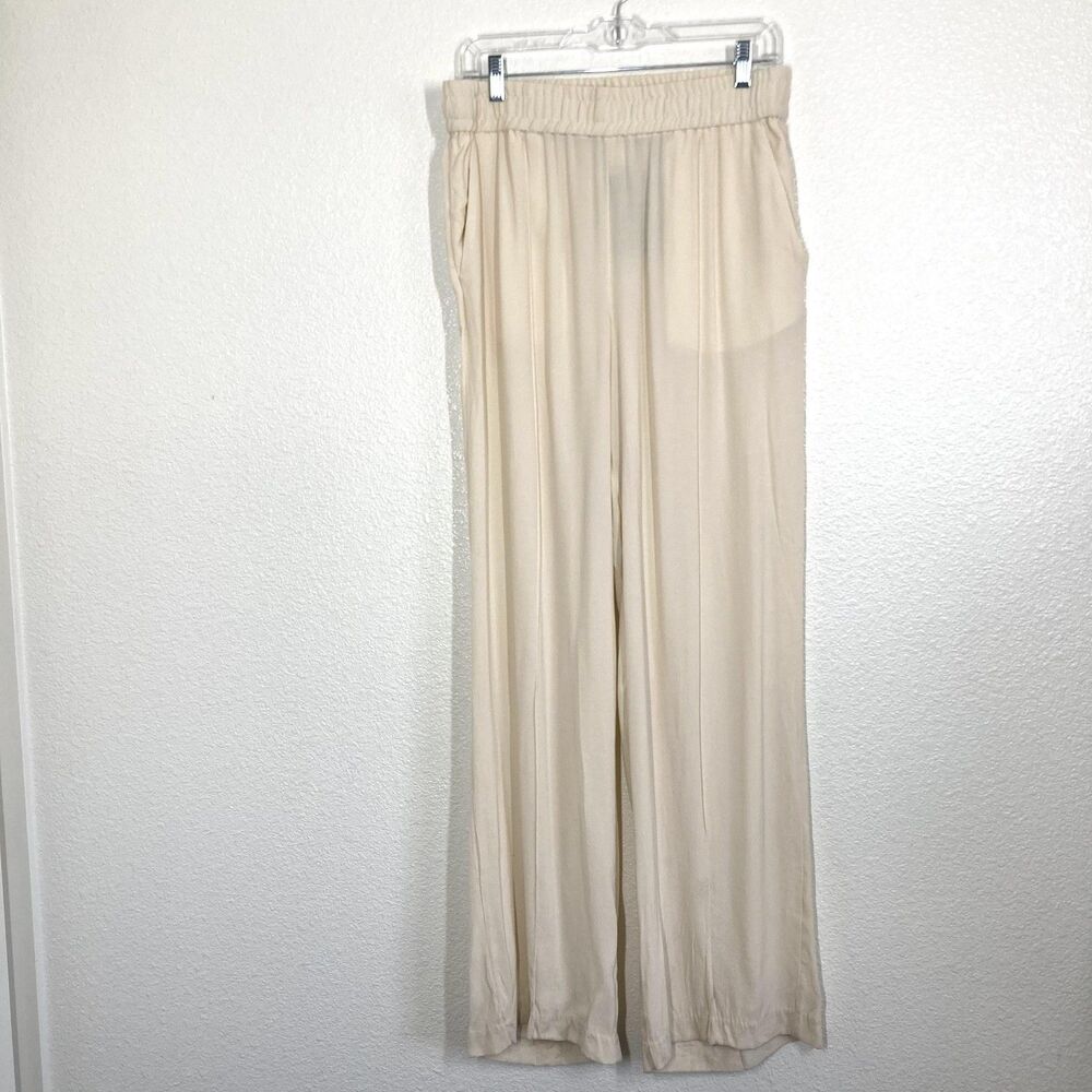 H&M Wide Leg Pants NWT Womens Medium Beige  Elastic Waist Lined Twill Flowy